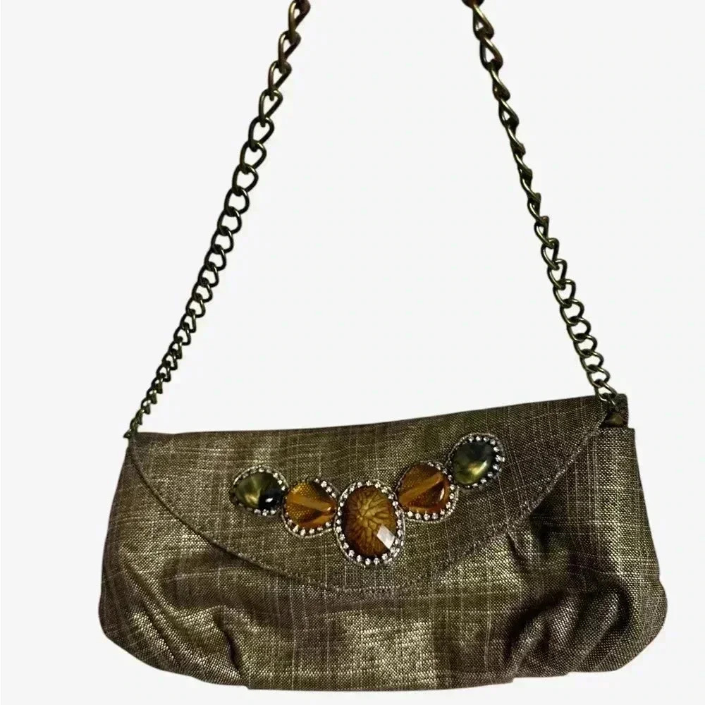 Chico’s bag linen bag with embellishments on the front chain strap - Picture 2 of 10